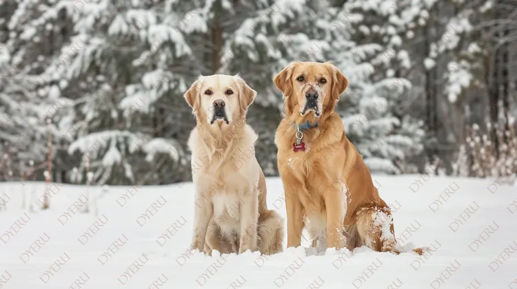 雪地中的两只金毛寻回犬，温暖友好的伙伴关系