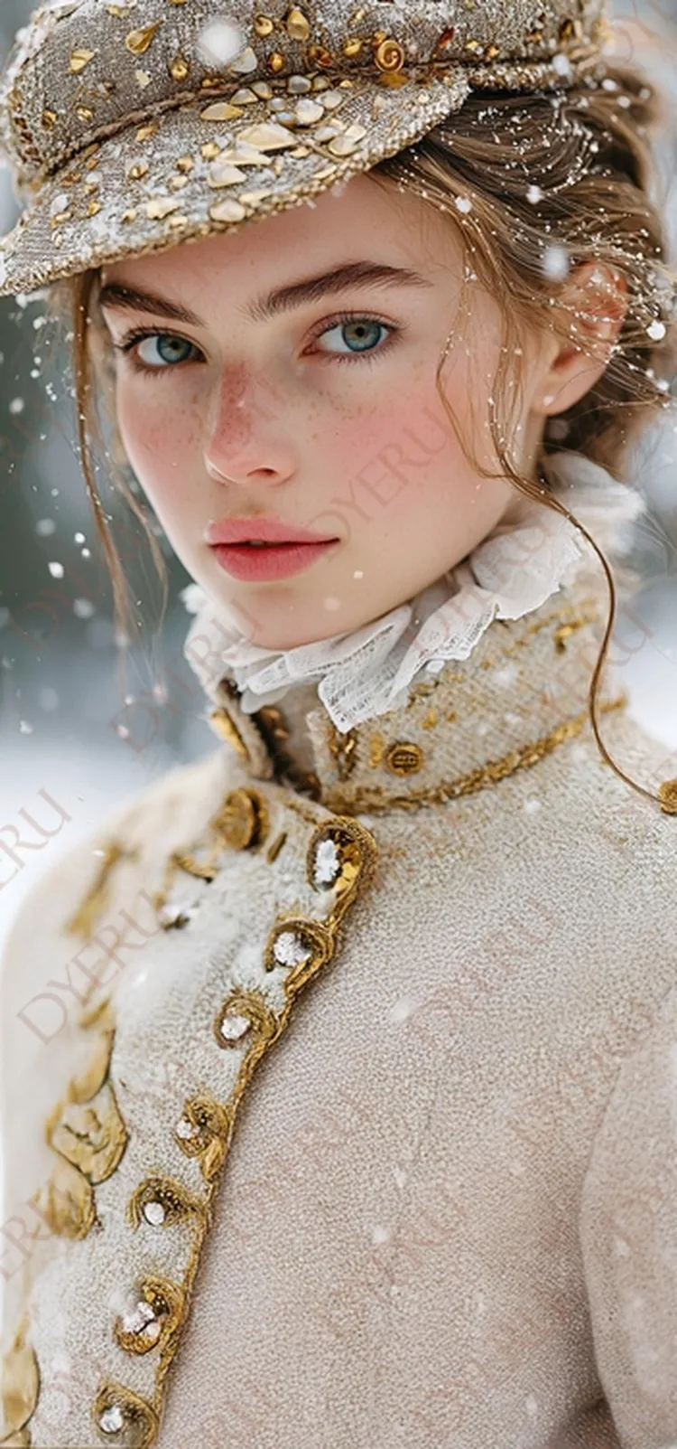雪中优雅少女肖像，穿着华丽复古服饰，展现自然美与冬季氛围