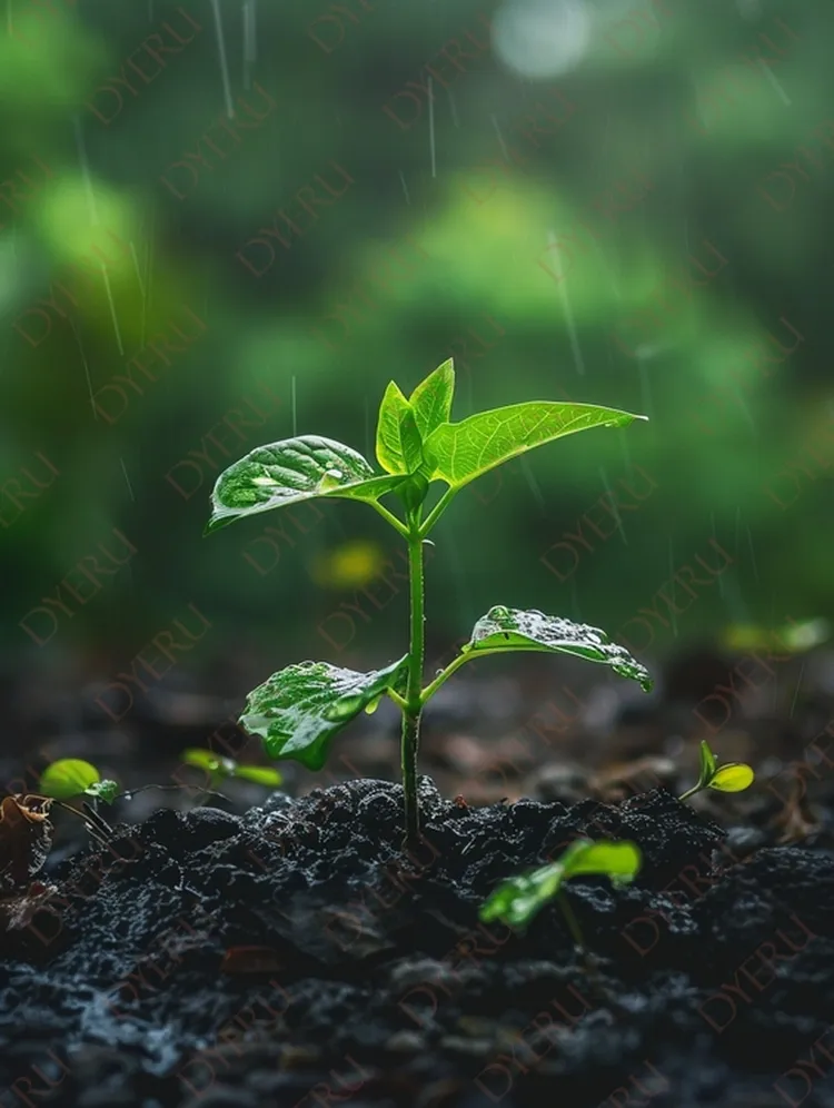 雨中生长的嫩绿植物，象征生命与希望